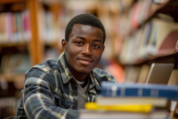 Naklejka premium At the library a good looking African student is studying with a laptop and books