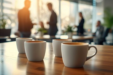 A Serene Morning Business Professionals Engage in a Warm Conversation Behind a Table Adorned with Freshly Brewed Coffee Cups, Illuminated by the Gentle Embrace of Natural Light - obrazy, fototapety, plakaty