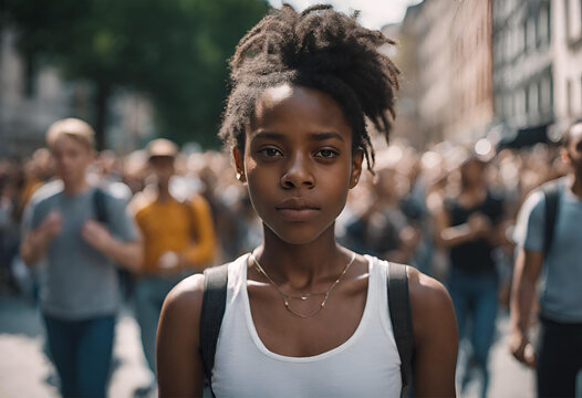 Menina adolescente estudante, participando de um protesto na rua.