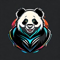 A highdefinition snapshot of a sleek and modern flat vector panda logo, boasting vivid colors, and set against a captivating black background. Isolated on solid black background.  Upscaling by