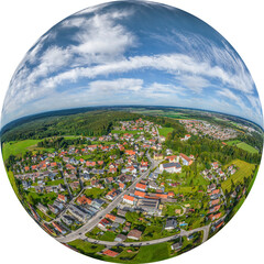 Bobingen-Straßberg südlich von Augsburg von oben, Little Planet-Ansicht, freigestellt