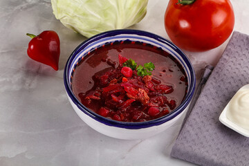Borsch soup with cabbage and beetroot