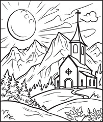 Creative coloring page fantasy with a mountain landscape,clouds,sun and the road leading into the sunset. Cartoon doodle style