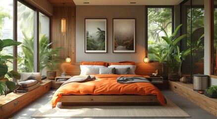 Indulge in a tranquil retreat with a vibrant touch as you sink into the plush orange linens and gaze out the window at the lush plants, perfectly complementing the sleek furniture and cozy bed in thi