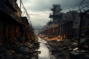 Destruction in city streets after military invasion