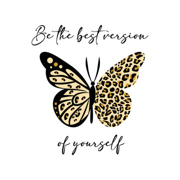 vector image of tiger print butterfly, written be the best version of yourself, embroidered style