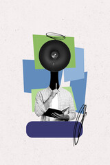 Vertical picture collage illustration of headless person deep thinking lamp writing notes in...