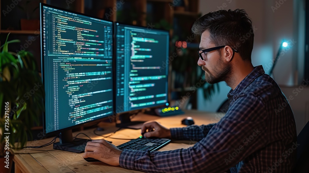 Poster focused male programmer coding on multiple monitors in a dark room, indicative of late-night softwar