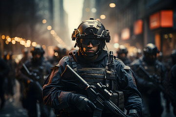 Armed soldiers walking down war affected city streets after terrorist attack
