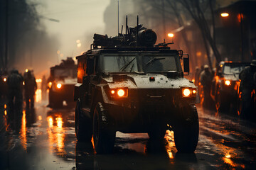 Military vehicles convoy entering conquered city during war