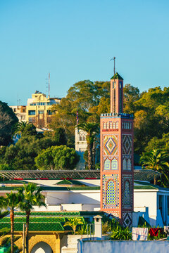 View of a beautiful minaret, Sidi Bouabid mosque, Grand Socco, Tangier, Morocco