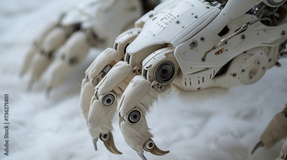 Poster innovative robotic hand with tactile sensors and synthetic fur, emphasizing sensory technology in ro