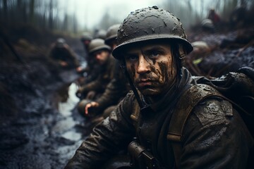 Obraz premium Armed soldiers in muddy trenches