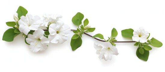 A flowering plant with white petals and green leaves grows on a white background, resembling a small shrub or twig covered in snow