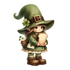 Fototapeta premium Gnome Girl, St. Patrick's Day Clipart, Shamrock Clipart, Clovers , Hand-Drawn Irish Festive PNG, Pot of Gold, Leprechaun, Horseshoe, Irish