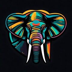 A minimalist and colorful flat vector logo featuring the face of a single elephant, isolated on a solid black background. The HD camera brings out the intricacies of the design.  Upscaling by
