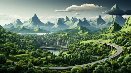Travel and tourism advertisement with curved road with floating forest land with mountains, trees, and animals isolated.