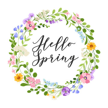 Spring floral frame. Hello spring card.