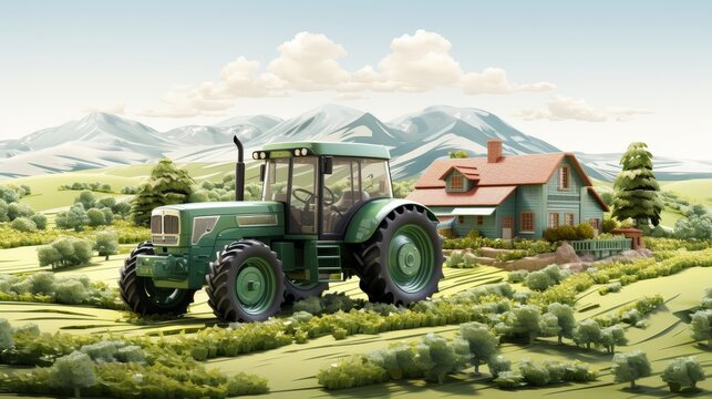 Farmland with crops and tractor isolated on white background. 3D render of a meadow landscape with machinery. Smart farming and modern farm business concept.