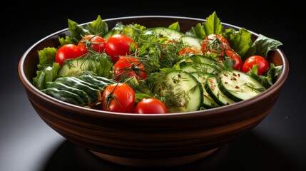 The salad bowl contains spinach, cherry tomatoes, lettuce, cucumber, and many more vegetables.