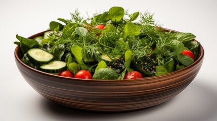 A white background is used to illustrate a salad bowl with spinach, cherry tomatoes, lettuce, cucumber, and many other vegetables.