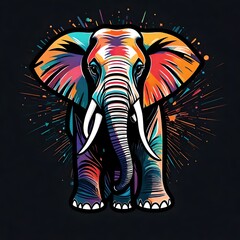 Picture a beautifully crafted, minimalistic flat vector logo of an elephant, bursting with vibrant colors, set against a pitchblack background for a striking effect.  Upscaling by