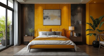 A luxurious boutique hotel suite with a stylish grey and yellow wall, adorned with plush bedding and a cozy bed frame, complete with elegant window treatments and a vase of fresh flowers on the night