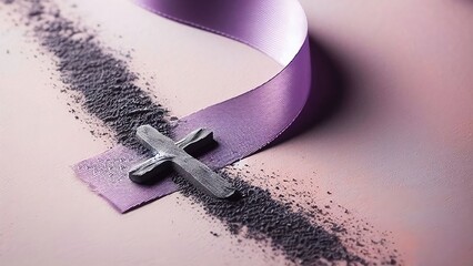 A wooden cross made of ashes with a purple ribbon on a light background, A symbolic image of Ash Wednesday, the first day of Lent in the Christian calendar