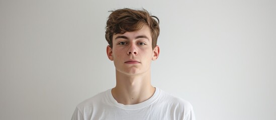 A smiling young man in a white tshirt stands against a white wall, his jawline and eyelashes prominent. He gestures happily with one ear peeking out from beneath his sleeve - obrazy, fototapety, plakaty