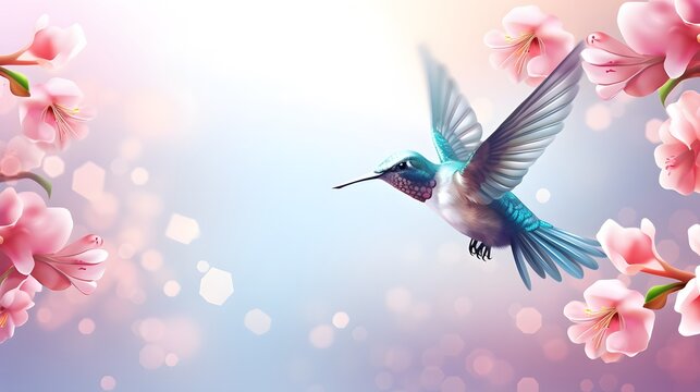 Flying hummingbird web banner. National Hummingbird Day. Flying hummingbird with flowers background. Small colorful bird in flight