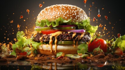 A delicious burger on a white background with separate ingredients. A cafe or restaurant advertisement. - obrazy, fototapety, plakaty