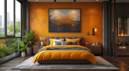 Vibrant orange walls frame a luxurious bedroom with a statement painting, cozy bedding, and stylish furnishings reminiscent of a boutique hotel suite