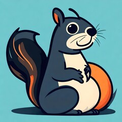 A cheerful, flat vector logo of a content squirrel with a vibrant orange fur against a serene skyblue background. Isolated on solid black background.  Upscaling by