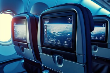 Experience the Future of Air Travel Luxurious and Modern In-Flight Entertainment System Illuminating the Cozy Ambiance of an Airplane Cabin