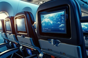 Experience the Future of Air Travel Luxurious and Modern In-Flight Entertainment System Illuminating the Cozy Ambiance of an Airplane Cabin