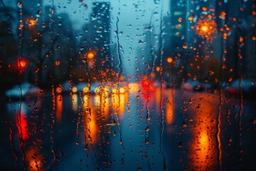 The gentle drizzle of raindrops on the window at night, casting reflections of light on the outdoor scenery