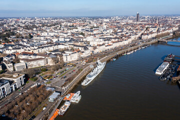 Obraz premium A photo from a drone of the French city of Nantes on the Loire River.