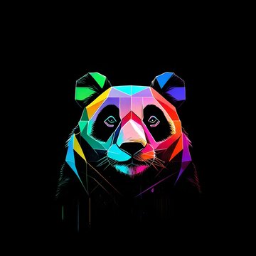 A minimalist, HDcaptured image of a geometric panda logo, adorned with a spectrum of colors, standing out against a solid black backdrop. Isolated on solid black background.  Upscaling by