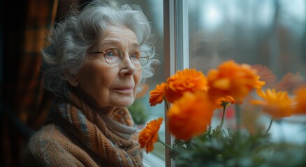 An aging woman gazes wistfully out of a window, her wrinkled face adorned with a solitary marigold, a symbol of resilience and inner beauty, as she reflects on the passing of time and the vibrant mem - obrazy, fototapety, plakaty