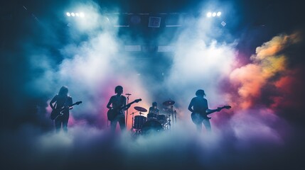 Rock band concert in cloud colorful dust. Music event, Rock band performs on stage colorful dust...