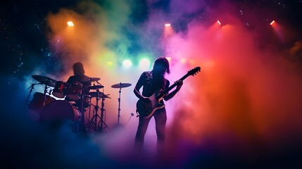 Rock band concert in cloud colorful dust. Music event, Rock band performs on stage colorful dust...