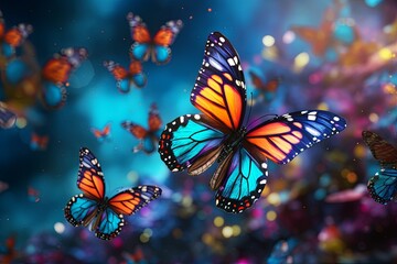 Beautiful monarch butterfly background and Colorful flying butterflies illustration - obrazy, fototapety, plakaty