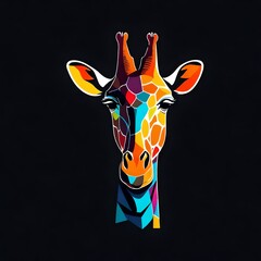 A sleek and minimalistic flat vector logo of a colorful giraffe, captured in HD on a solid black background.  Upscaling by