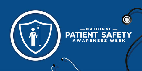 National Patient Safety Awareness Week. Shields, hearts, stestoscopes and people icons. cards, banners, posters, social media and more. Blue background. - obrazy, fototapety, plakaty