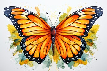 Watercolor colorful monarch butterfly illustration background