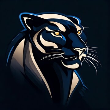 A sophisticated flat vector panther logo, highlighting a single face in midnight blue, against a sleek black solid background. Isolated on solid black.  Upscaling by