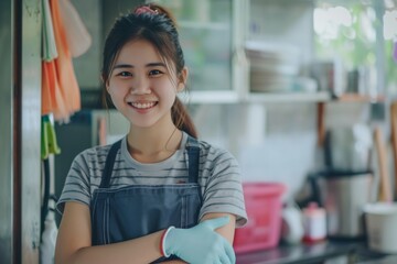 Asian cleaning service woman worker posing and smiling after house cleaning