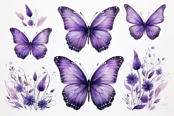 Watercolor colorful purple monarch butterfly illustration background