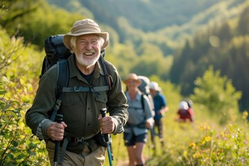 Fototapeta premium The image captures the essence of a fit senior on an outdoor adventure, the sunlight highlighting his contemplative mood and the leisure activity of trekking..