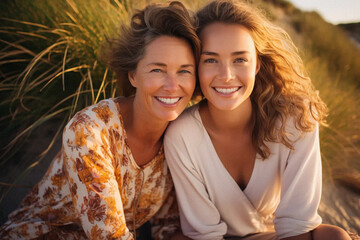 Beautiful 50s mother and teen daughter with big smile walking outdoor among long grasses